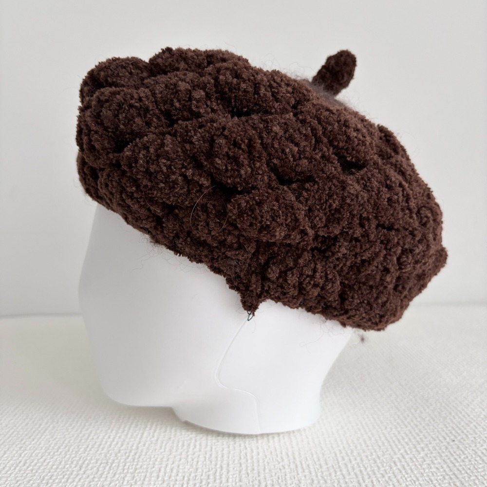 Vintage Crochet Acorn Beret Textured Chunky Knit Hat Brown One Size
